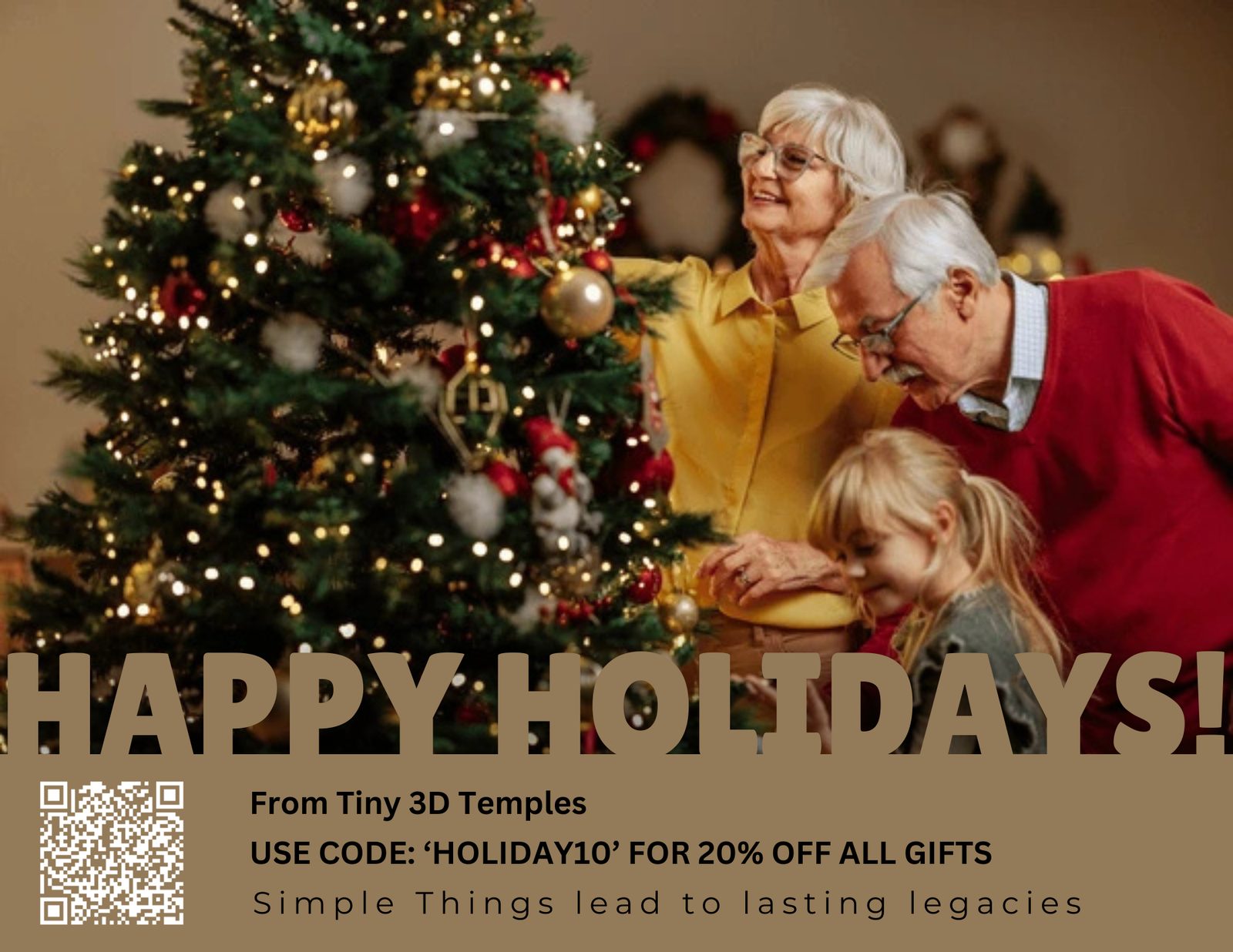 Happy Holidays promotion for Tiny 3D Temples with a family at a Christmas tree and a QR code