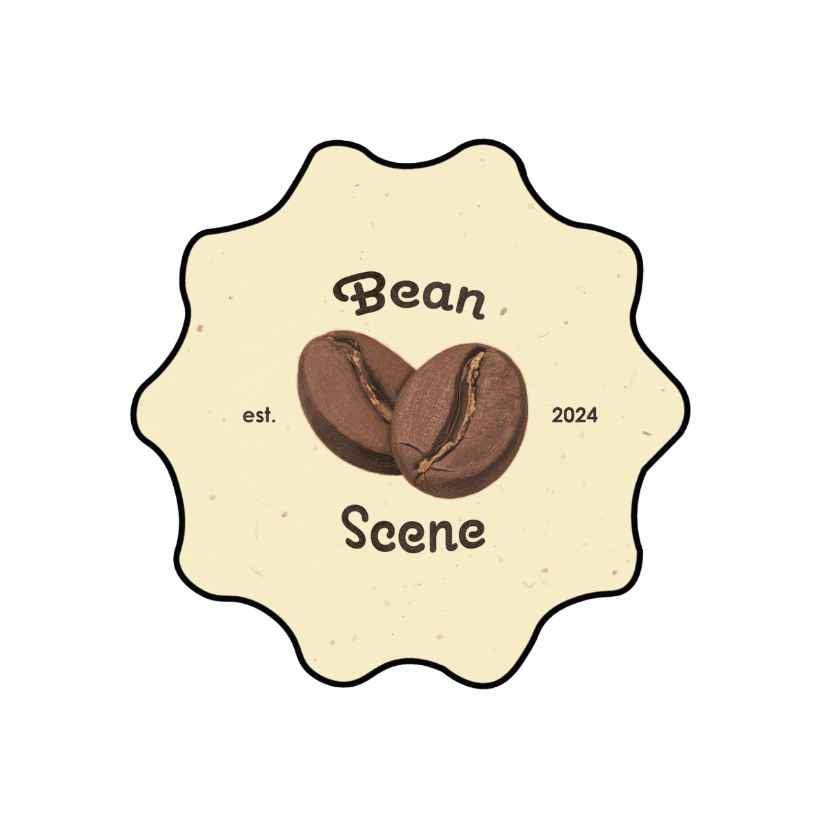 Bean Scene coffee logo: two coffee beans inside a scalloped cream seal, established 2024