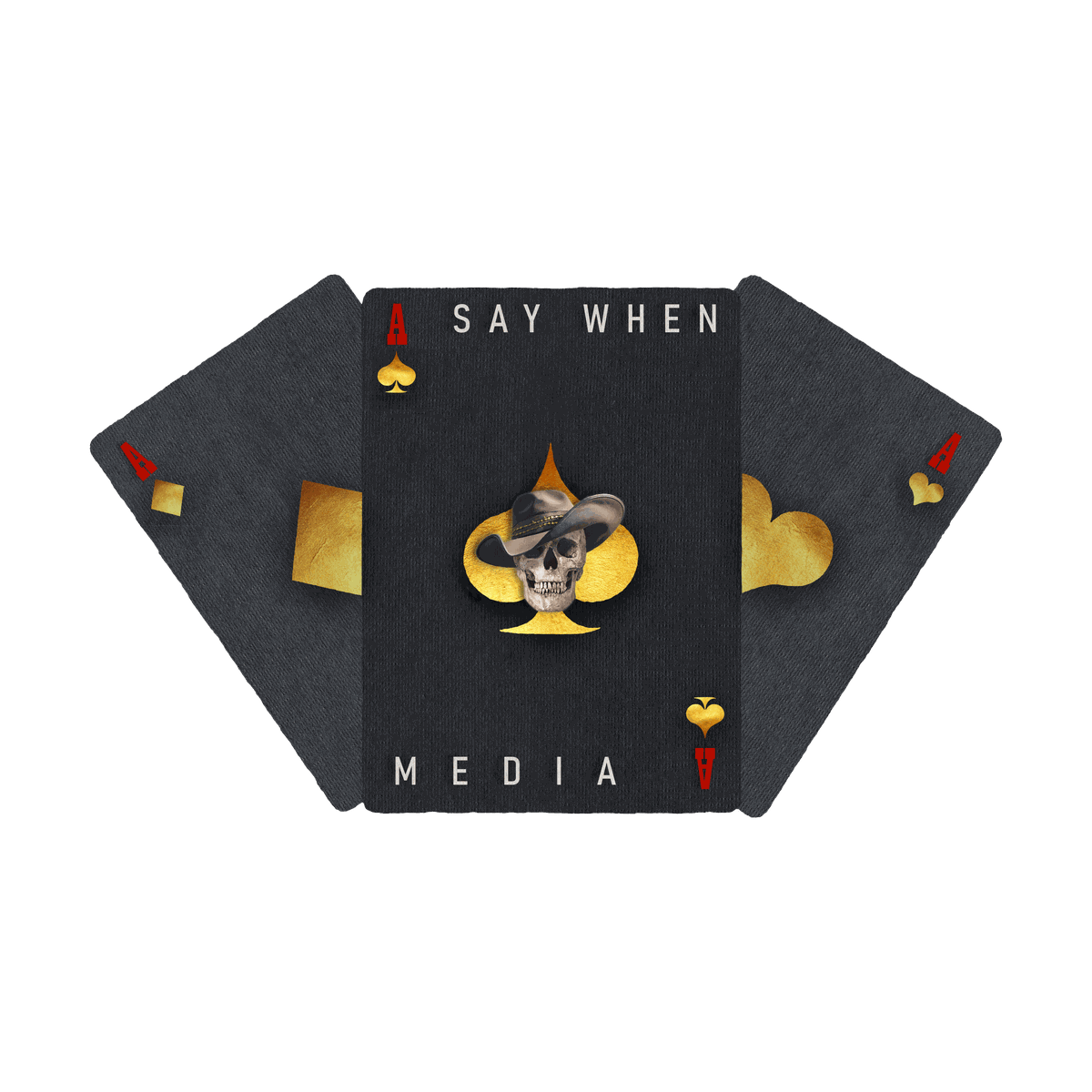 Say When Media logo: playing cards fanned around a spade, in black, gold and red