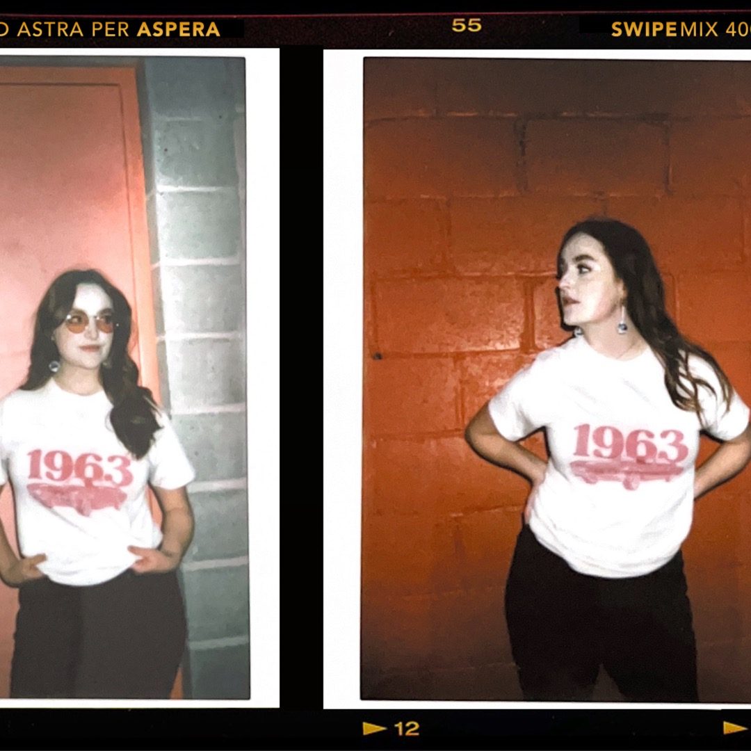 Social media filmstrip layout showing a model in a 1963 graphic tee